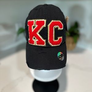New distressed black hat with KC Chenille letters